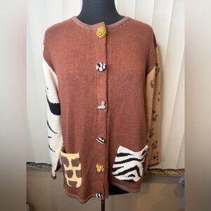 Storybook Knits Vintage Safari Animal Patchwork Cardigan Animal Themed Buttons M
